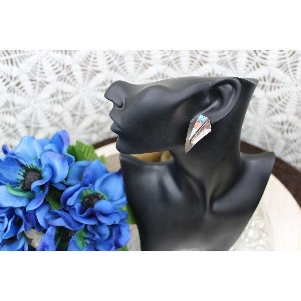 Ray Tracey Knifewing Navajo Sterling Silver Inlay Earrings - Picture 9 of 9